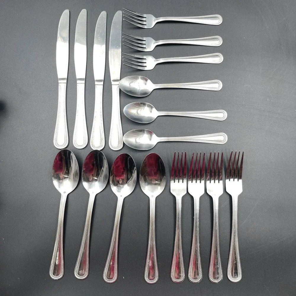 Pfaltzgraff Pearl Stainless Flatware Lot 18 Pieces Beaded Discontinued